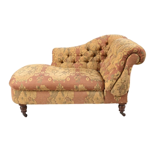 1055 - A Victorian chaise longue, turned mahogany legs and pottery castors, 42cm h; 142 x 69cm... 