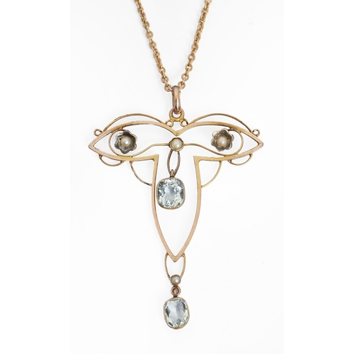 108 - An art nouveau aquamarine and split pearl openwork pendant, c1910, in gold, 43mm h, marked 9c on a g... 