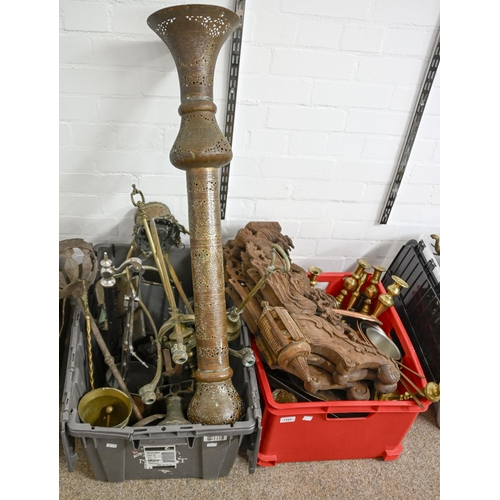 1102 - Miscellaneous Victorian and later metalware, including brass candlesticks, copper saucepans, Middle ... 