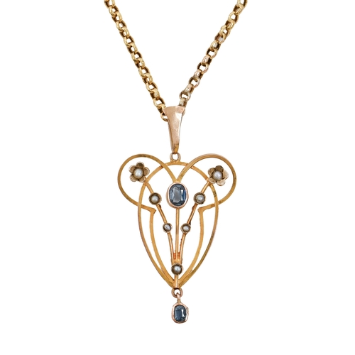 138 - A sapphire and split pearl openwork pendant, c1910, in gold, 42mm h, marked 9ct, on a gold necklet, ... 