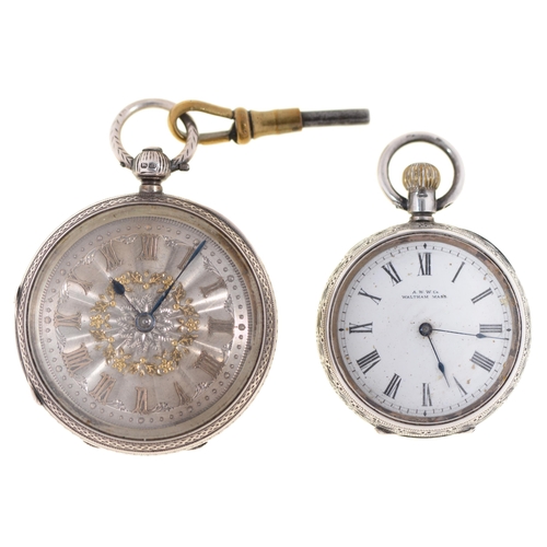 166 - An English silver lady's watch, with engraved dial, in engraved case, 41mm diam, Chester 1891 and a ... 