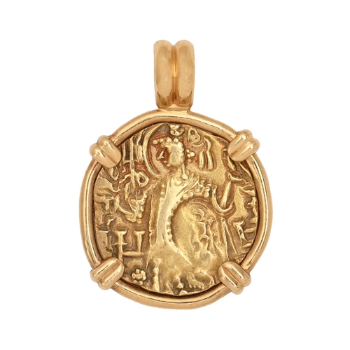 167 - Gold coin. North India, Dinar, circa 4th c, ex shipwreck, set in a gold pendant, 33mm h, 13.4g... 