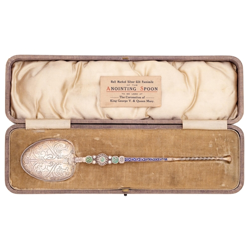 220 - A George V silver and enamel replica of the anointing spoon, 25.5cm l, makers mark rubbed, Birmingha... 