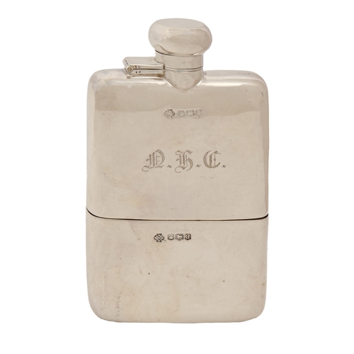 233 - A George V silver hip flask and detachable beaker, engraved with the initials N.H.C., 12.5cm h, by W... 