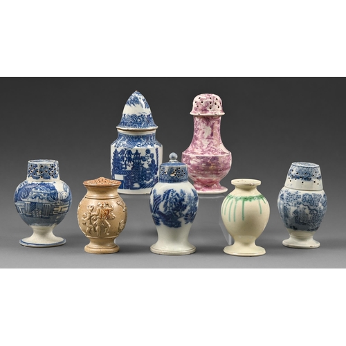 266 - A green decorated creamware caster, c1775, a pink marbled lustreware caster, c1840, three blue and w... 