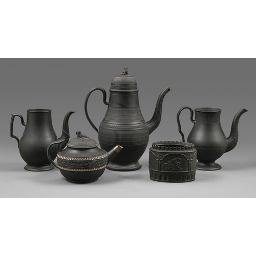 281 - An engine turned black basalt coffee pot and cover of unusually large size, c1790, 31cm h, two other... 