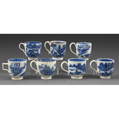 294 - Seven blue printed pearlware fluted coffee cups, c1790-1800, various patterns, 67cm and circa, ... 