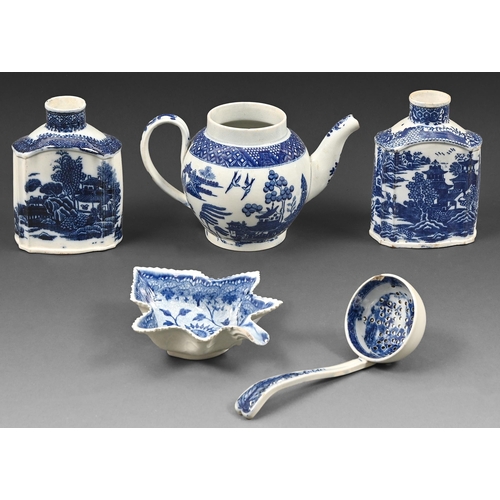 297 - Two underglaze blue printed pearlware Chinoiserie pattern tea caddies, a teapot, leaf shaped pickle ... 