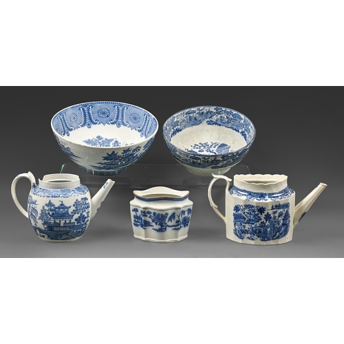 301 - Two blue printed pearlware Man on a Raft and other Chinoiserie pattern bowls, two teapots and a suga... 