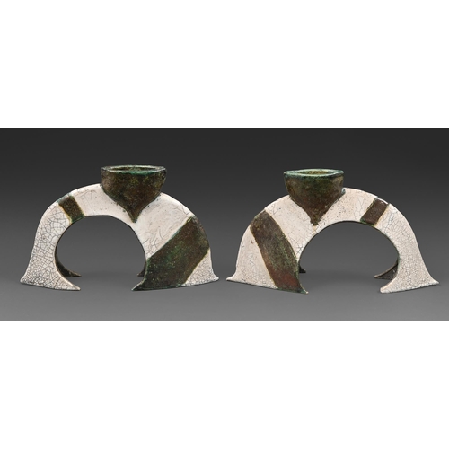 307 - Studio pottery. Anthony Bernulf Hodge (1950-) - Candlesticks, reduced stoneware, glazed, 15.5cm h, i... 