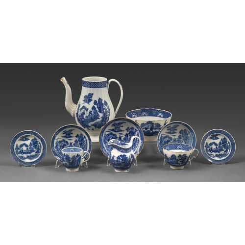 315 - A group of blue printed pearlware Boy on Buffalo pattern teaware, c1790-1800, coffee pot 20.5cm h,&n... 