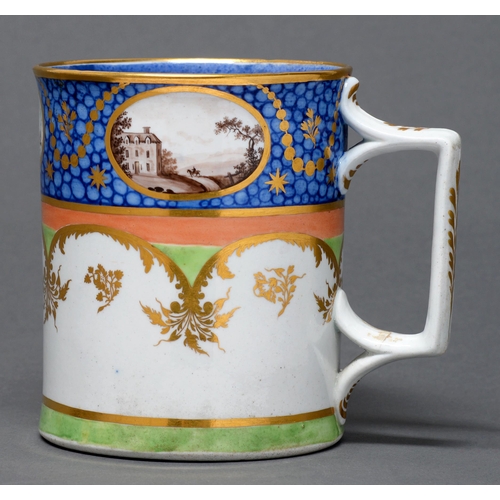 338 - An unusual English porcelain mug, possibly Coalport, outside-decorated, c1800-10, of hybrid hard pas... 