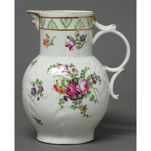 357 - A Worcester cabbage leaf moulded mask jug, c1770, enamelled with loose bouquets and scattered flower... 