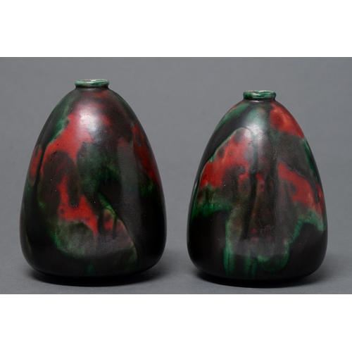 362 - Two Minton Hollins & Co vases, c1920, with green and red mottled glaze, 13.5cm h, printed mark... 