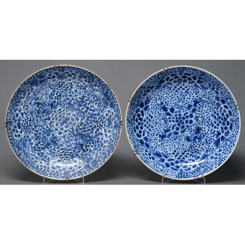 363 - A pair of Chinese blue and white dishes, 19th c, painted with dense peony blooms, 34cm diam (2)... 