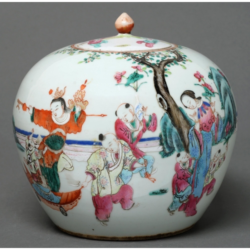 369 - A Chinese porcelain vase and cover, late 19th c, enamelled with figures in a garden, 23cm h, undersi... 