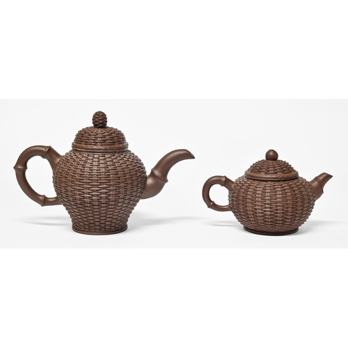 386 - Two Chinese Yixing stoneware basket weave teapots and covers, with bamboo handle and spout, 10.5cm h... 