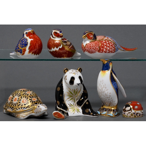 394 - Seven Royal Crown Derby paperweights, including Giant Panda and Indian Star Tortoise, various sizes,... 