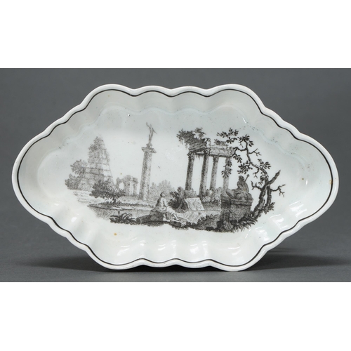 409 - A Worcester black onglaze transfer printed spoon tray, c1780, with Classical Ruins, engraved by Robe... 