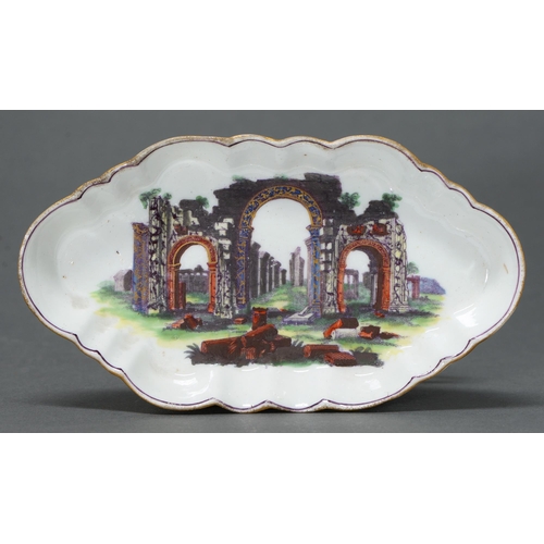 415 - A Worcester purple onglaze transfer printed and enamelled spoon tray, c1770, with abbey ruins, 15cm ... 