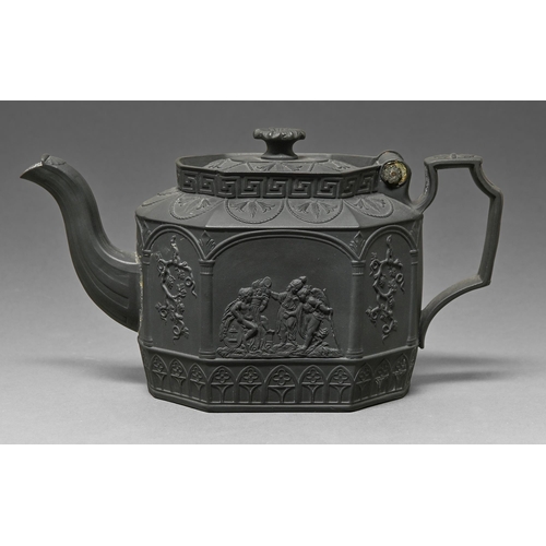 442 - A Newhall hard paste oval teapot and cover, c1800, pattern 311, 15cm h and a black basalt octagonal ... 