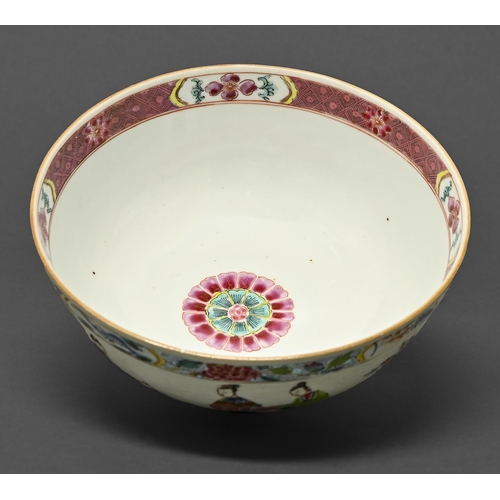 447 - A Chinese famille rose bowl, Qing dynasty, 19th c, enamelled with a group of three figures and diape... 