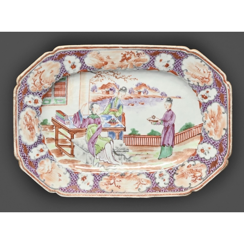 450 - A Chinese famille rose tureen stand, c1780, painted with 'mandarin' scenes, the purple diaper border... 