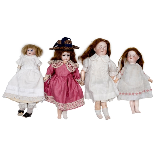 521 - Four German bisque head dolls, c1900, an F & W Goebel 120 doll with fixed glass eyes and open mo... 