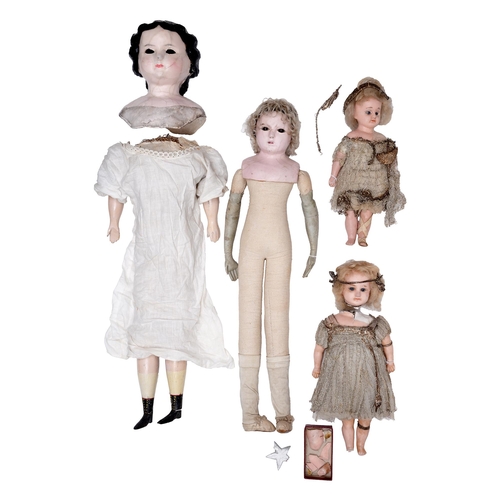 530 - Four wax over composition dolls, to include a wax over composition shoulder head doll, c1850, with i... 