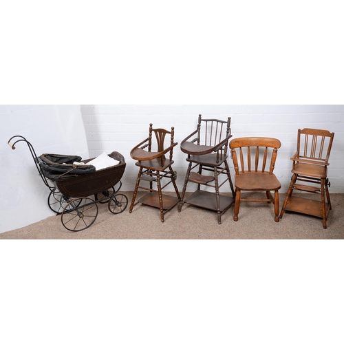 557 - Children's furniture. Three pine metamorphic highchairs, early 20th c, the seat of one applied with ... 