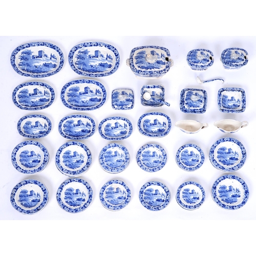 565 - A Hackwood blue printed earthenware Institution pattern toy dinner service, c1830, tureen 7.5cm h an... 