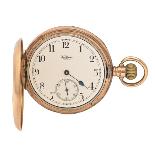 61 - A 9ct gold hunting cased keyless lever watch, American Waltham Watch Co, with enamel dial, gold cuve... 