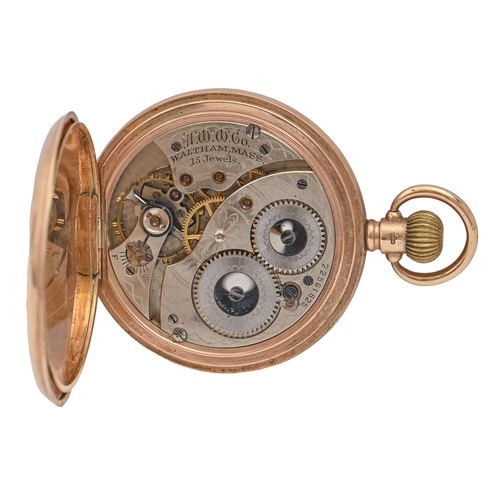 61 - A 9ct gold hunting cased keyless lever watch, American Waltham Watch Co, with enamel dial, gold cuve... 