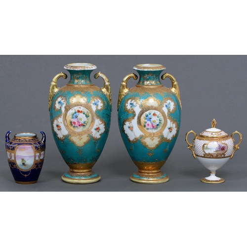 618 - A pair of Noritake vases and two others, c1930, the pair painted with flowers reserved on a turquois... 