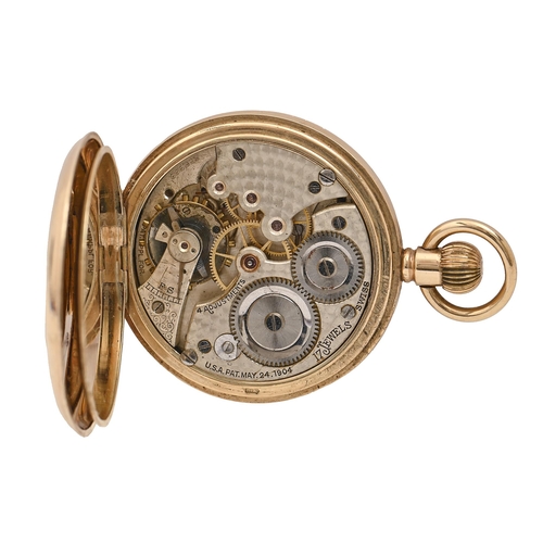 62 - A 9ct gold half hunting cased keyless lever watch, the Swiss 17-jewel movement marked USA PAT MAY 24... 