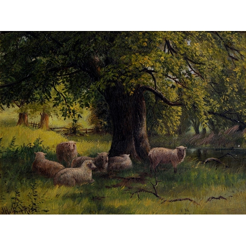 628 - J Halford Ross (1866-1909) - Sheep in the Shade, signed, oil on board, 22 x 29cm and English School,... 