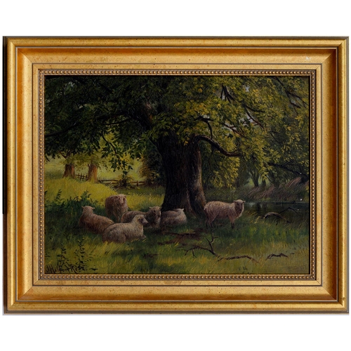 628 - J Halford Ross (1866-1909) - Sheep in the Shade, signed, oil on board, 22 x 29cm and English School,... 