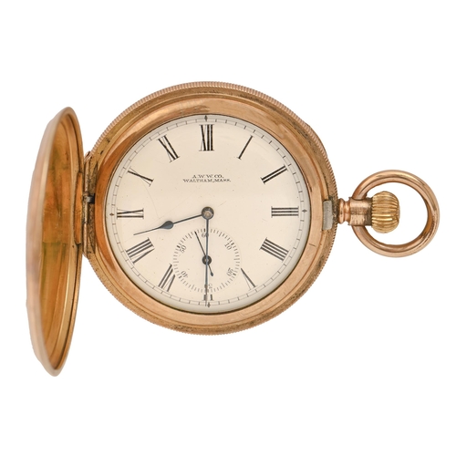 63 - A gold plated hunting cased keyless lever watch, American Waltham Watch Co, No 10794018, with enamel... 