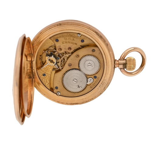 63 - A gold plated hunting cased keyless lever watch, American Waltham Watch Co, No 10794018, with enamel... 