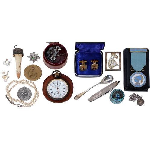 635 - Miscellaneous articles including a silver plated pocket chronograph, a silver pocketknife, a silver ... 