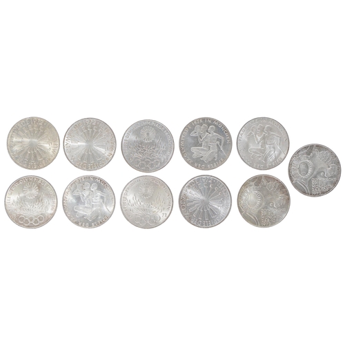 636 - Coins. A set of eleven 1972 Munich Germany Olympic Ten Deutsche Mark silver coins, 5.4oz t... 