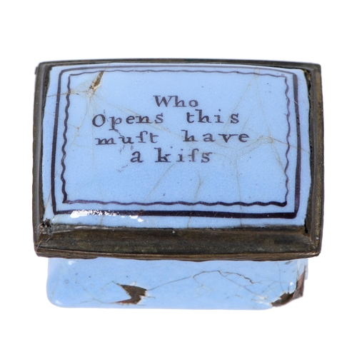 638 - A South Staffordshire enamel patch box, late 18th c, the lid painted with inscription Who opens this... 