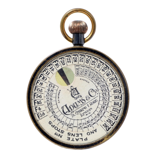 639 - A gunmetal keyless lever stopwatch-exposure meter, Adams & Co, 24 Charing Cross Rd, London 1907-... 