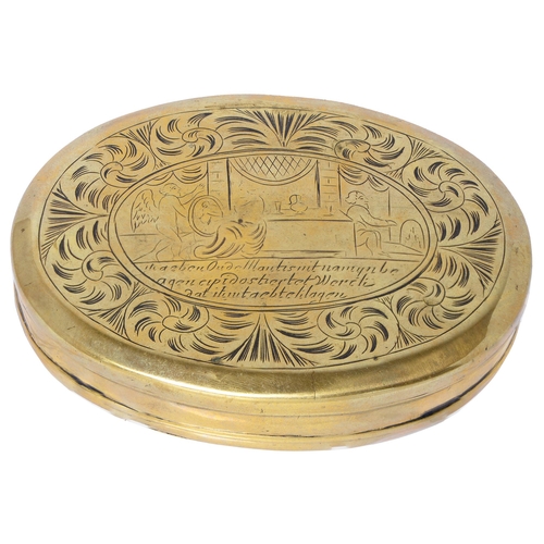 640 - A Dutch brass tobacco box, late 18th c, the lid and underside engraved with figures and inscription,... 