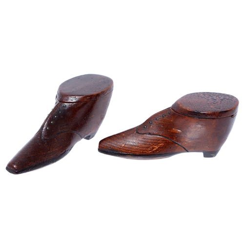 641 - Treen. A pair of Victorian pine shoe novelty snuff boxes, with brass pinned detail, 11.5cm l (2)... 