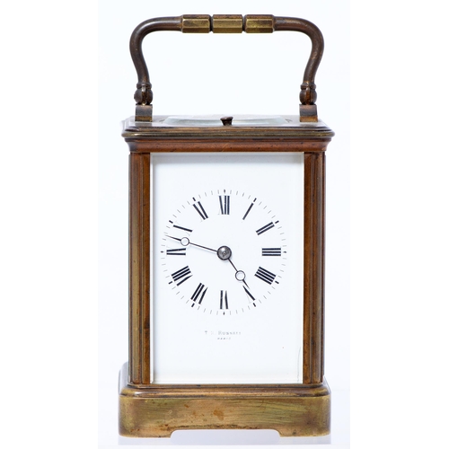 643 - A French brass carriage clock, early 20th c, with platform escapement, the dial inscribed T R Russel... 