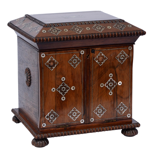 677 - A Victorian rosewood jewel box, inlaid with mother-of-pearl, with hinged lid, folding front with too... 