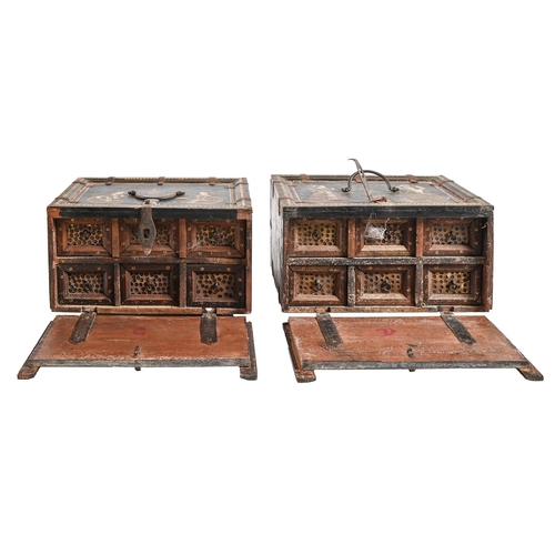 698 - A pair of Indian painted wood jewel boxes, early 20th c, with iron clasp and swing handle, interior ... 