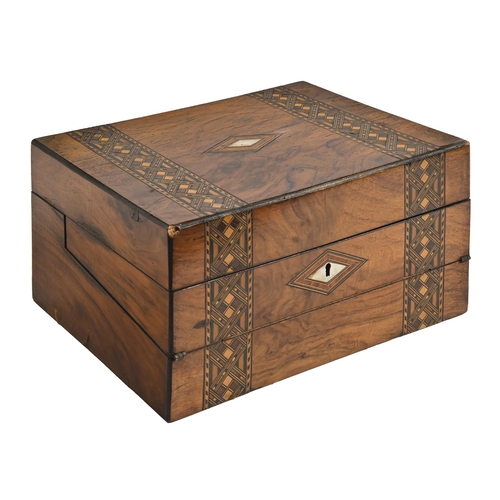 730 - A Victorian inlaid walnut jewellery box, with fitted interior, 15cm h; 29 x 22cm