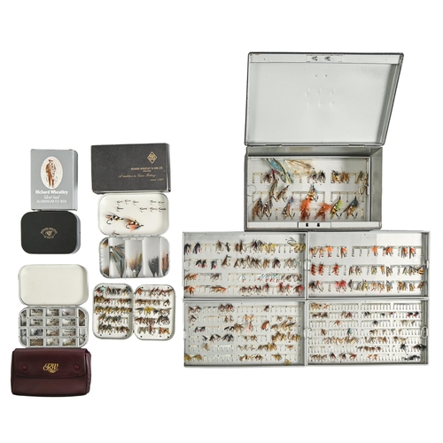 741 - Fly fishing. Miscellaneous trout and salmon flies, in a Hardy Bros four-tier storage tin, 27cm w, wi... 